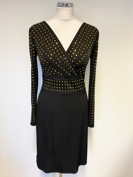 BIBA BLACK & GOLD STUDDED LONG SLEEVED PENCIL DRESS SIZE 8 Whispers Dress Agency BIBA BLACK & GOLD STUDDED LONG SLEEVED PENCIL DRESS SIZE 8 Whispers Dress Agency