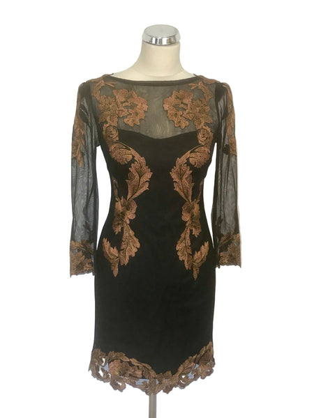 KAREN MILLEN BLACK COPPER EMBROIDERED FLORAL DRESS SIZE 10