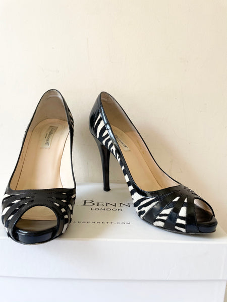 LK BENNETT SIGMA BLACK WHITE ZEBRA PRINT PONYSKIN LEATHER PEEPTOE HEELS SIZE 7/40