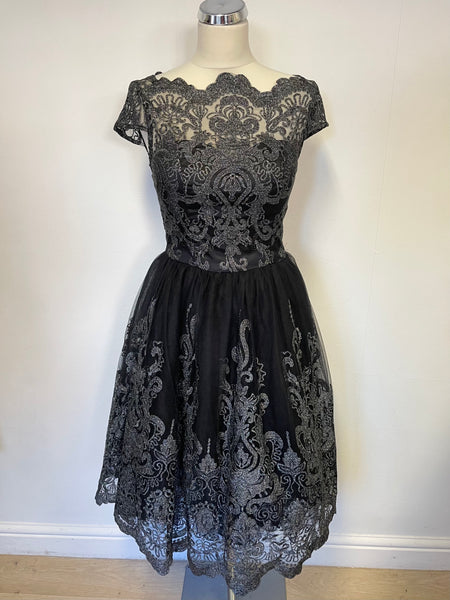 BRAND NEW CHI CHI LONDON BLACK & SILVER LACE OVERLAY FIT & FLARE SPECI Whispers Dress Agency BRAND NEW CHI CHI LONDON BLACK & SILVER LACE OVERLAY FIT & FLARE SPECI Whispers Dress Agency