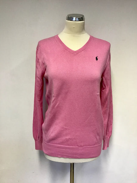 POLO BY RALPH LAUREN PINK COTTON V NECK JUMPER SIZE L UK 14/16