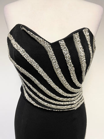 TOJOURS PARIS BLACK WITH SILVER & WHITE BEADING STRAPLESS LONG EVENING DRESS SIZE 12