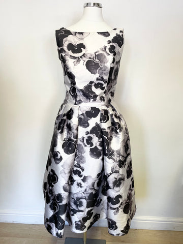 CHI CHI LONDON BLACK & SILVER GREY FLORAL PRINT SPECIAL OCCASION FIT & FLARE DRESS SIZE 8