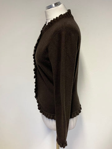 PURE COLLECTION BROWN 100% CASHMERE FRILL EDGED CARDIGAN SIZE 12