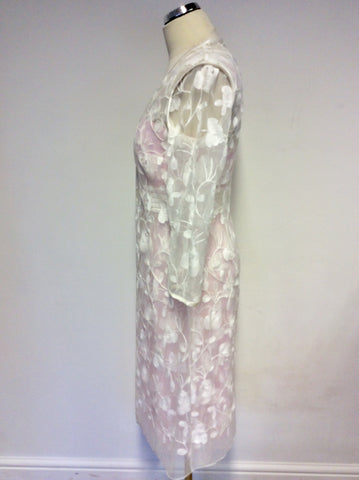 BRAND NEW DRESS CODE BY VEROMIA PINK LINED & SHEER WHITE EMBROIDERED OVERLAY DRESS & SHEER DUSTER COAT SIZE 18
