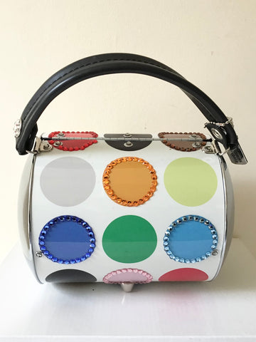 BRAND NEW ROAD FLAIR BY LITTLE EARTH METAL CYLINDRICAL HAND EMBELLISED SWAROVSKI CRYSTALS HAND BAG