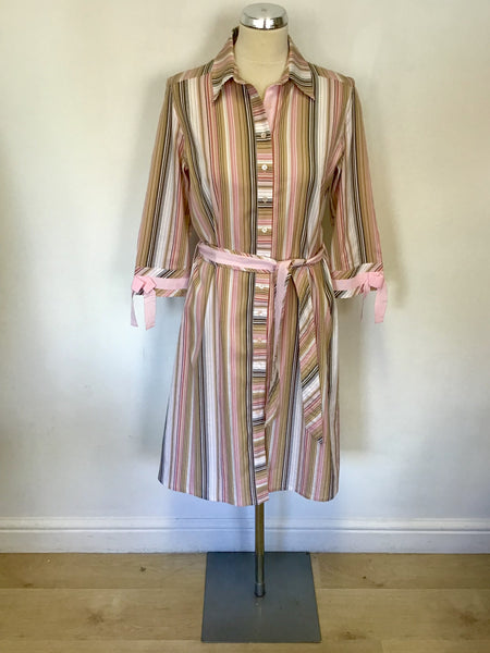 WHISTLES PINK WHITE BROWN STRIPE TIE WAIST SHIRT DRESS SIZE 14 Whispers Dress Agency