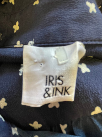 IRIS & INK NAVY BLUE & WHITE PRINT 100% SILK 3/4 SLEEVE BELTED SHIRT DRESS SIZE 8