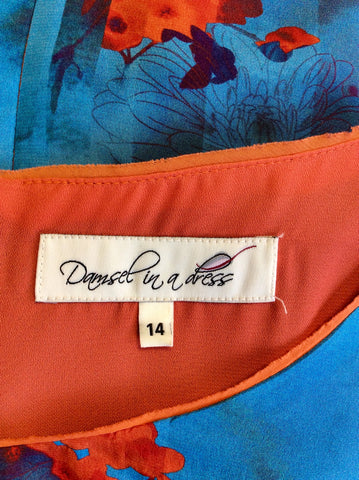 DAMSEL IN A DRESS TURQOUISE & ORANGE PRINT SILK SHIFT DRESS SIZE 14