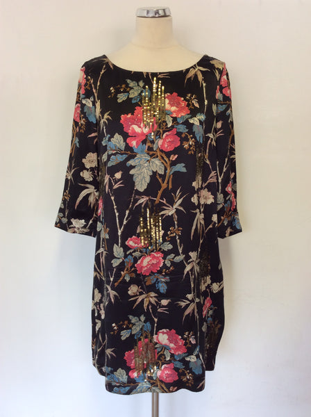 MONSOON BLACK FLORAL PRINT GOLD SEQUIN TRIM SHIFT DRESS SIZE 14 Whispers Dress Agency MONSOON BLACK FLORAL PRINT GOLD SEQUIN TRIM SHIFT DRESS SIZE 14 Whispers Dress Agency