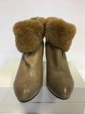 COMELY CAMEL LEATHER FUR TRIM ANKLE BOOTS SIZE 3.5/36