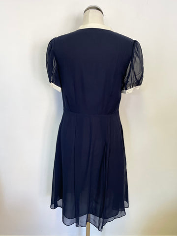 SOMERSET BY ALICE TEMPERLEY NAVY & IVORY TRIM SILK FIT & FLARE DRESS SIZE 10