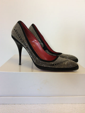 ITALIAN CESARE PACIOTTI BLACK SUEDE & SILVER CHAIN EMBELLISHED HEELS SIZE 6/39