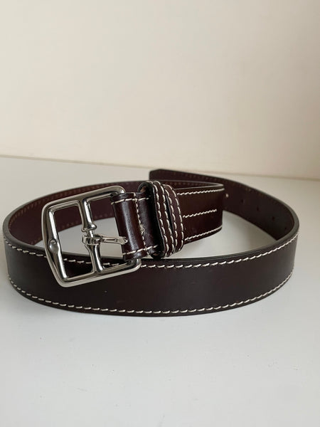 BRAND NEW JAEGER BROWN LEATHER & WHITE STITCHED TRIM BELT SIZE 28”