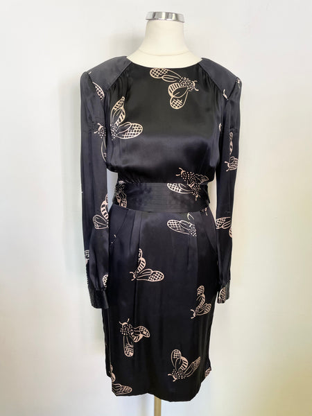 WHISTLES BLACK & PALE GOLD FLY PRINT SILK LONG SLEEVE TEA DRESS SIZE 8 Whispers Dress Agency WHISTLES BLACK & PALE GOLD FLY PRINT SILK LONG SLEEVE TEA DRESS SIZE 8 Whispers Dress Agency