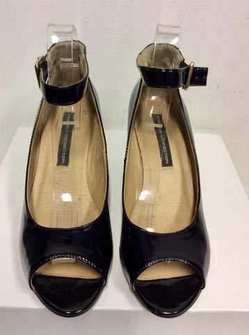 FRENCH CONNECTION BLACK PATENT PEEPTOE ANKLE STRAP WEDGE HEELS SIZE 6/39