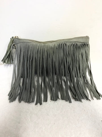 CLEMENTS RIBEIRO GREY SUEDE TASSLED FRINGE CLUTCH BAG