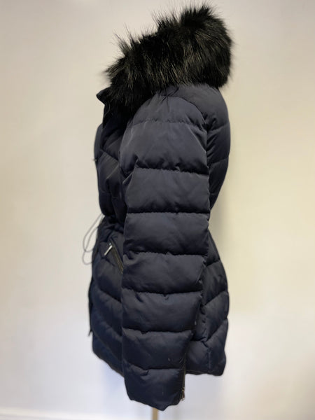 ZARA WOMAN NAVY BLUE FUR TRIM DOWN FEATHER FILLED JACKET WITH INNER HOOD  SIZE L