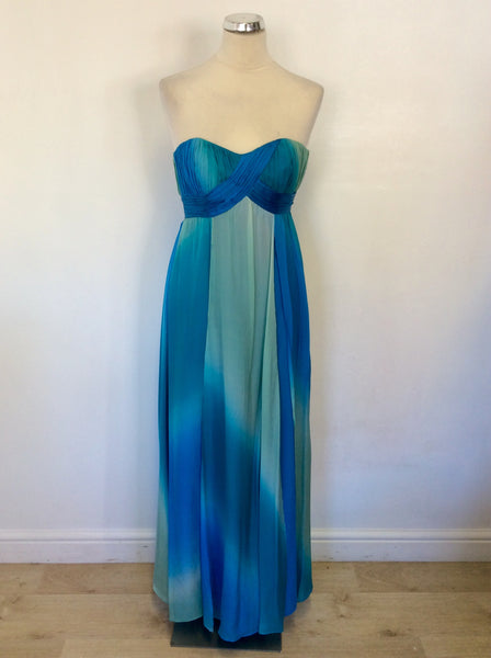 MONSOON BLUE,TURQOUISE PALE GREEN SILK STRAPLESS MAXI DRESS SIZE