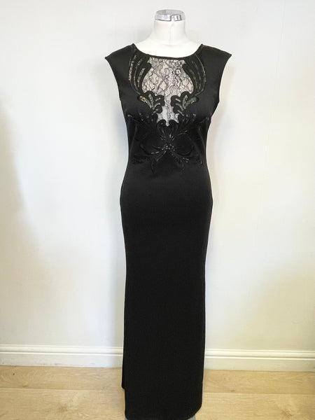 LIPSY BLACK LACE & SEQUIN TRIMMED SLEEVELESS LONG EVENING DRESS SIZE 1 Whispers Dress Agency LIPSY BLACK LACE & SEQUIN TRIMMED SLEEVELESS LONG EVENING DRESS SIZE 1 Whispers Dress Agency