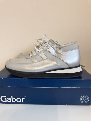 BRAND NEW GABOR SPORT SILVER LEATHER TRAINERS SIZE 4.5/37.5