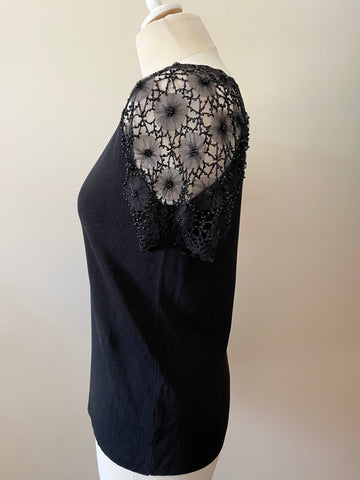 CASAMIA BLACK FINE RIB KNIT TOP WITH BEADED LACE SHORT SLEEVES SIZE S