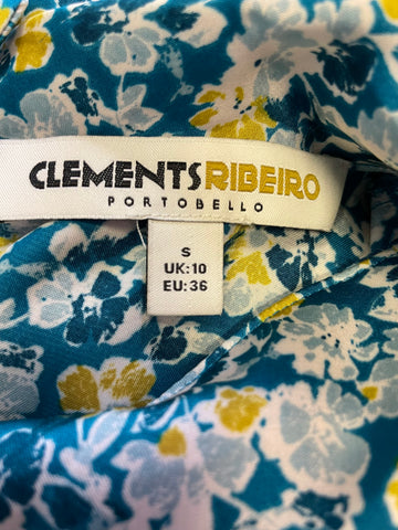 CLEMENTS RIBEIRO TURQUOISE & LEMON FLORAL PRINT SLEEVELESS SHIFT DRESS SIZE 10