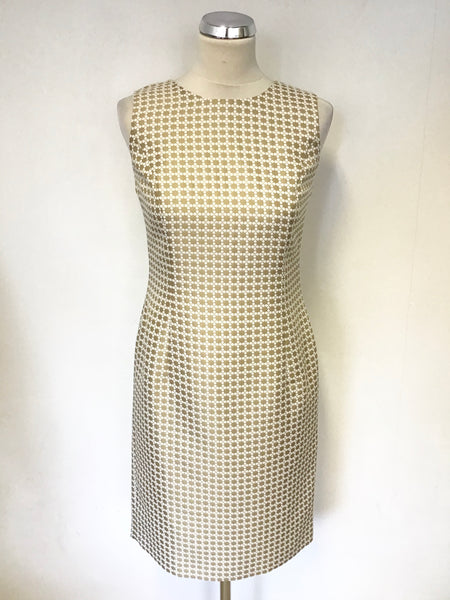BRAND NEW 346 BROOKS BROTHERS GOLD & WHITE PRINT SLEEVELESS PENCIL DRE Whispers Dress Agency BRAND NEW 346 BROOKS BROTHERS GOLD & WHITE PRINT SLEEVELESS PENCIL DRE Whispers Dress Agency