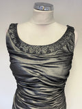 CACHET PEWTER BEAD TRIMMED RUCHED SLEEVELESS COCKTAIL PENCIL DRESS SIZE 8 UK 12