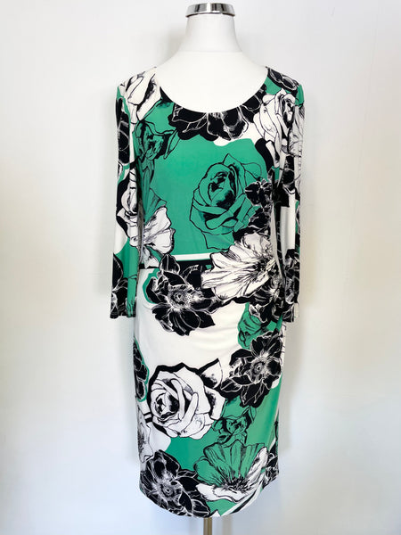 PRECIS PETITE BLACK,WHITE GREEN FLORAL PRINT 3/4 SLEEVE STRETCH