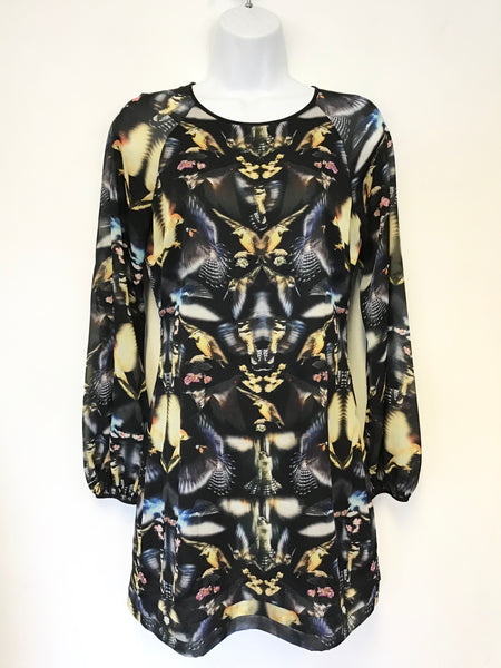 TED BAKER BLACK MULTICOLOURED BIRD PRINT LONG SLEEVE SHIFT DRESS SIZE UK 8/10