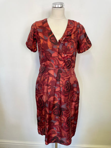 JIGSAW DARK RED,ORANGE & BROWN SHADES SILK FRILL TRIM SHEATH DRESS SIZ Whispers Dress Agency JIGSAW DARK RED,ORANGE & BROWN SHADES SILK FRILL TRIM SHEATH DRESS SIZ Whispers Dress Agency