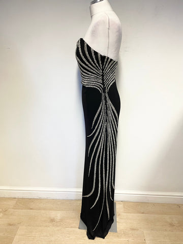 TOJOURS PARIS BLACK WITH SILVER & WHITE BEADING STRAPLESS LONG EVENING DRESS SIZE 12