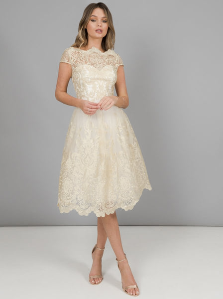 BRAND NEW CHI CHI LONDON IVORY & PALE GOLD LACE OVERLAY FIT & FLARE DR Whispers Dress Agency BRAND NEW CHI CHI LONDON IVORY & PALE GOLD LACE OVERLAY FIT & FLARE DR Whispers Dress Agency