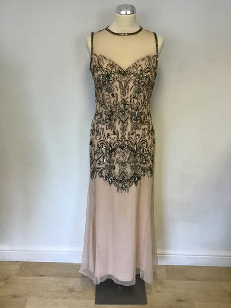 MISS SELFRIDGE NUDE SOFT PEACH BEADED SEQUINNED LONG EVENING DRESS SIZE 14