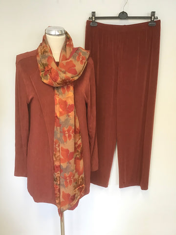 CHICO’S TRAVELERS RUST 4 PIECE JACKET,TOP, TROUSER & SCARF SUIT SIZE 2 UK M