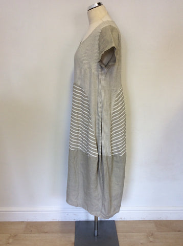 CHESCA BEIGE & WHITE STRIPED LINEN CAP SLEEVE DRESS SIZE 1 UK 14