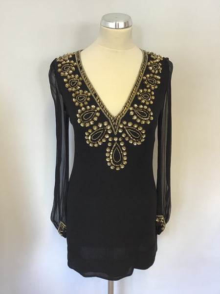 FRENCH CONNECTION BLACK SILK & GOLD BEAD & SEQUIN EMBELLISHED TRIM MIN Whispers Dress Agency FRENCH CONNECTION BLACK SILK & GOLD BEAD & SEQUIN EMBELLISHED TRIM MIN Whispers Dress Agency