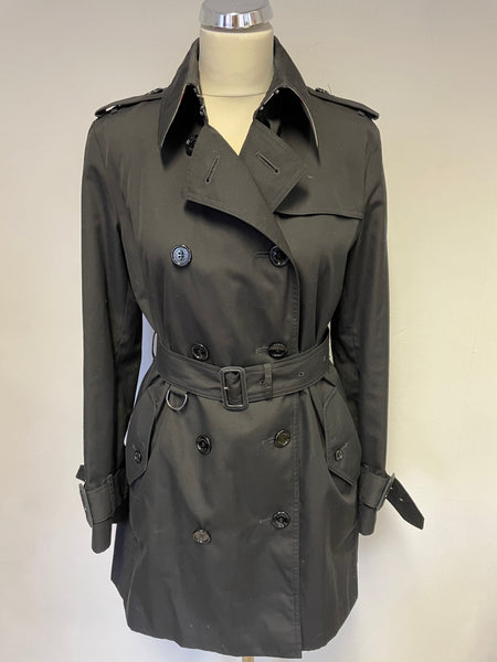 BURBERRY BLACK KENSINGTON HERITAGE MID LENGTH TRENCH COAT SIZE UK