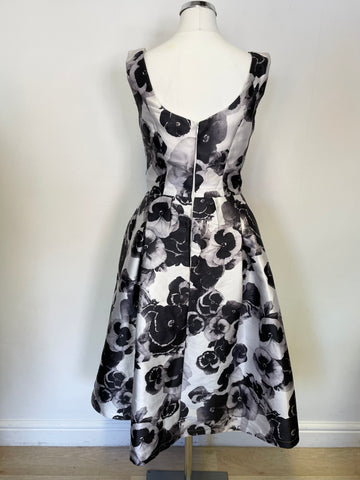 CHI CHI LONDON BLACK & SILVER GREY FLORAL PRINT SPECIAL OCCASION FIT & FLARE DRESS SIZE 8