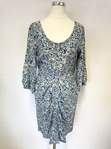 DRESS GALLERY DAPHNE BLUE PRINT SILK 3/4 SLEEVE PENCIL DRESS SIZE 2 UK 10
