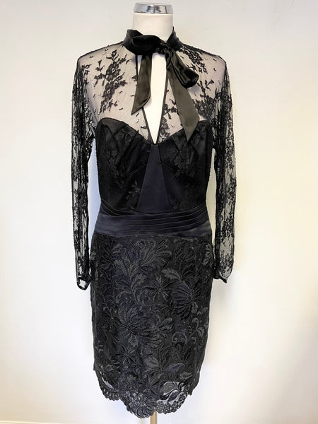 KAREN MILLEN BLACK LACE & SILK TRIMMED LONG SLEEVED PENCIL DRESS SIZE Whispers Dress Agency KAREN MILLEN BLACK LACE & SILK TRIMMED LONG SLEEVED PENCIL DRESS SIZE Whispers Dress Agency