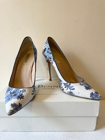 LK BENNETT BLUE & WHITE FLORAL PRINT SPECIAL OCCASION HEELS SIZE 4/37