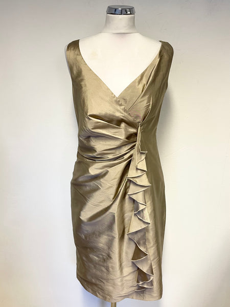 DEBUT PALE GOLD FRILL FRONT SLEEVELESS COCKTAIL/PARTY DRESS SIZE 10 Whispers Dress Agency DEBUT PALE GOLD FRILL FRONT SLEEVELESS COCKTAIL/PARTY DRESS SIZE 10 Whispers Dress Agency