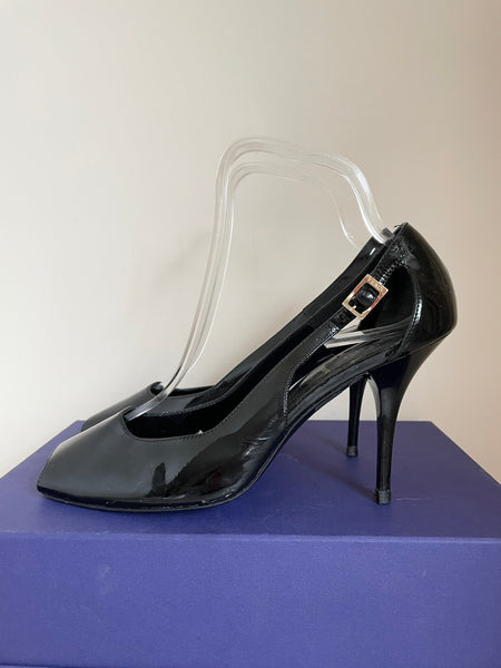 FENDI BLACK PATENT LEATHER PEEPTOE CUT OUT SIDE HEELS SIZE 4/37