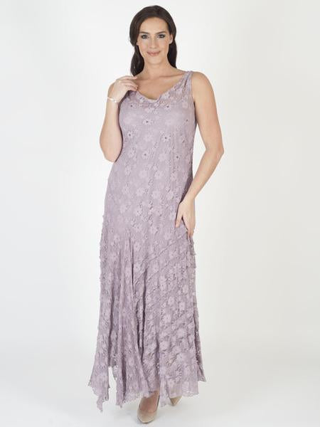 CHESCA PALE HEATHER CINDERELLA LACE BEADED TRIM LONG DRESS SHRUG