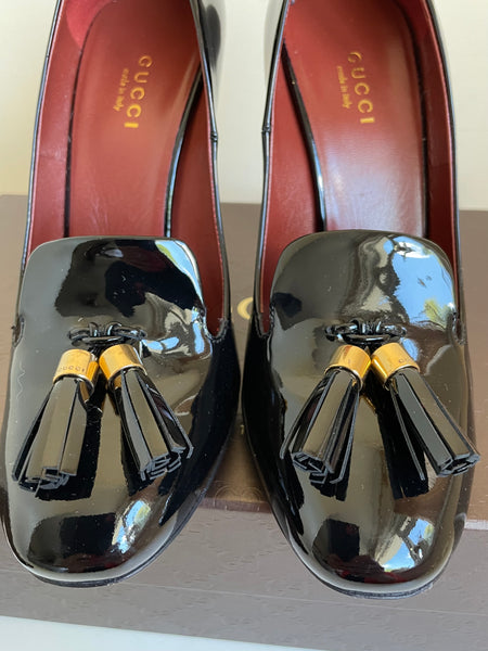 GUCCI VERNICE CRYSTAL BLACK PATENT LEATHER TASSEL TRIM HEELS SIZE