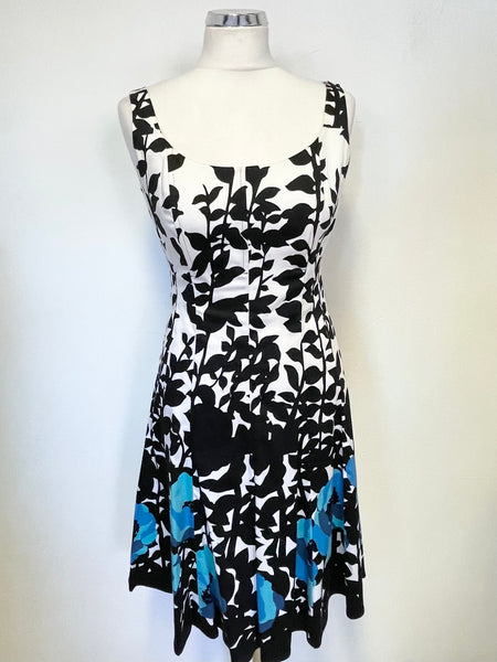 NINE WEST BLACK, WHITE & TURQUOISE FLORAL PRINT SLEEVELESS FIT & FLARE Whispers Dress Agency NINE WEST BLACK, WHITE & TURQUOISE FLORAL PRINT SLEEVELESS FIT & FLARE Whispers Dress Agency