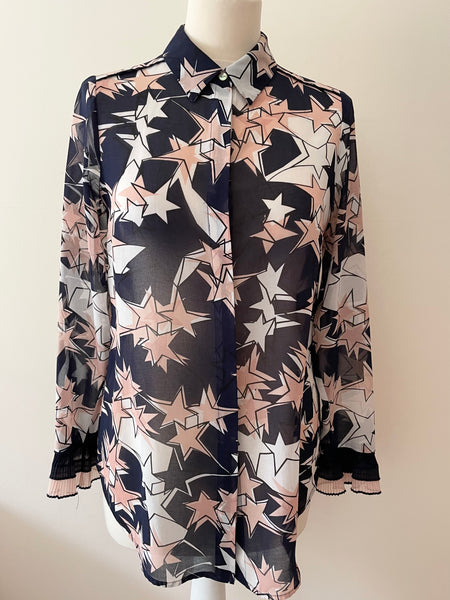 MINT VELVET NAVY,WHITE PINK STAR PATTERNED LONG SLEEVE BLOUSE SIZE