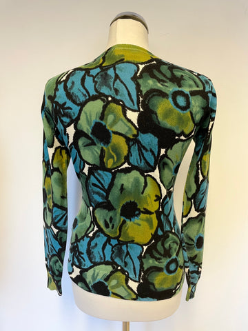 CLEMENTS RIBEIRO TURQUOISE & GREEN FLORAL PRINT CARDIGAN SIZE S